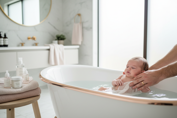 Baby being bathed in baby tub - Bathing & Sterilizing
